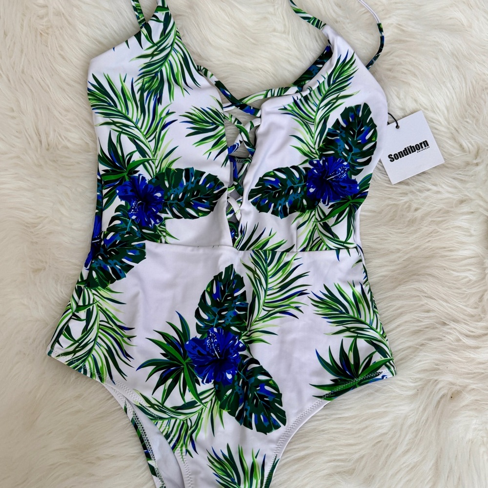 White Tropical One-Piece Swimsuit with Green & Blue Botanical Print